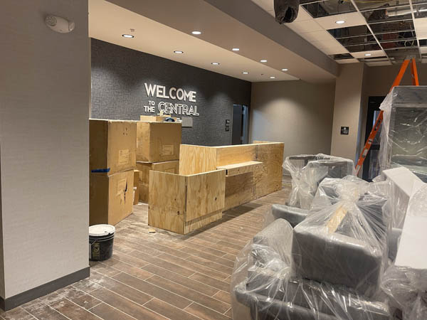 Front desk being constructed at Hampton Inn